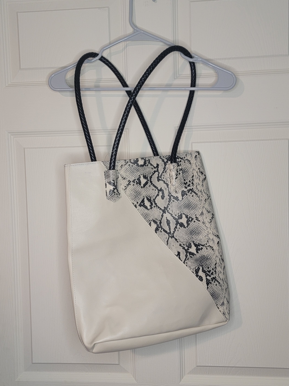 Women's White & Snake-Print Tote Bag with Black Handles